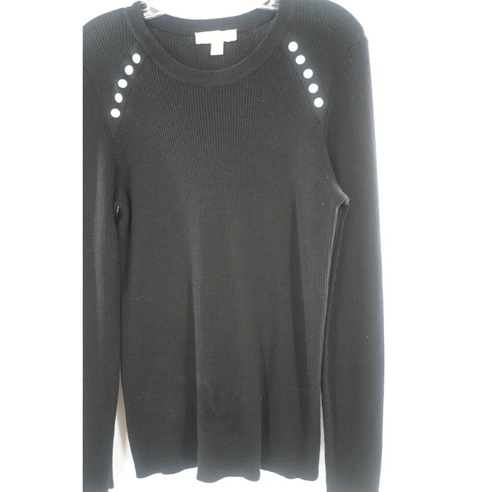 Michael Kors Black Ribbed Knit Sweater w/ Pearlized Buttons Long Sleeve Size XL